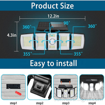 Profesional al aire libre 300LED 6500K Ajustable 5 cabezas Sensor de movimiento inalámbrico Solar Flood Seguridad de la pared de pared